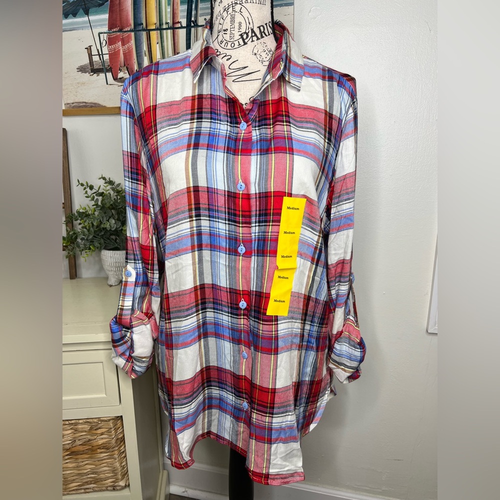 Brand New-Chelsea & Theodore Plaid Roll-Tab Sleeve Top